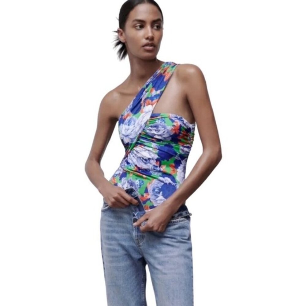 NWOT Zara Multicolor Floral Asymmetrical Draped Bodysuit Size Small OneShoulder